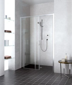 Kermi Liga Gleittür 2-tlg. Bodenfrei Mit Festfeld LID2R120201AK 116-121x200cm, Silber Mattglanz, ESG Klar, Rechts, Auf Duschwanne