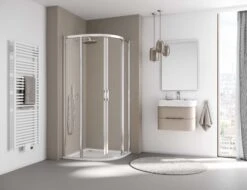 Kermi Liga Viertelkreis-Gleittür Bodenfrei Mit 2 Festfeldern LIC50090201PK 90x200cm, Silber Mattglanz, ESG Klar Clean