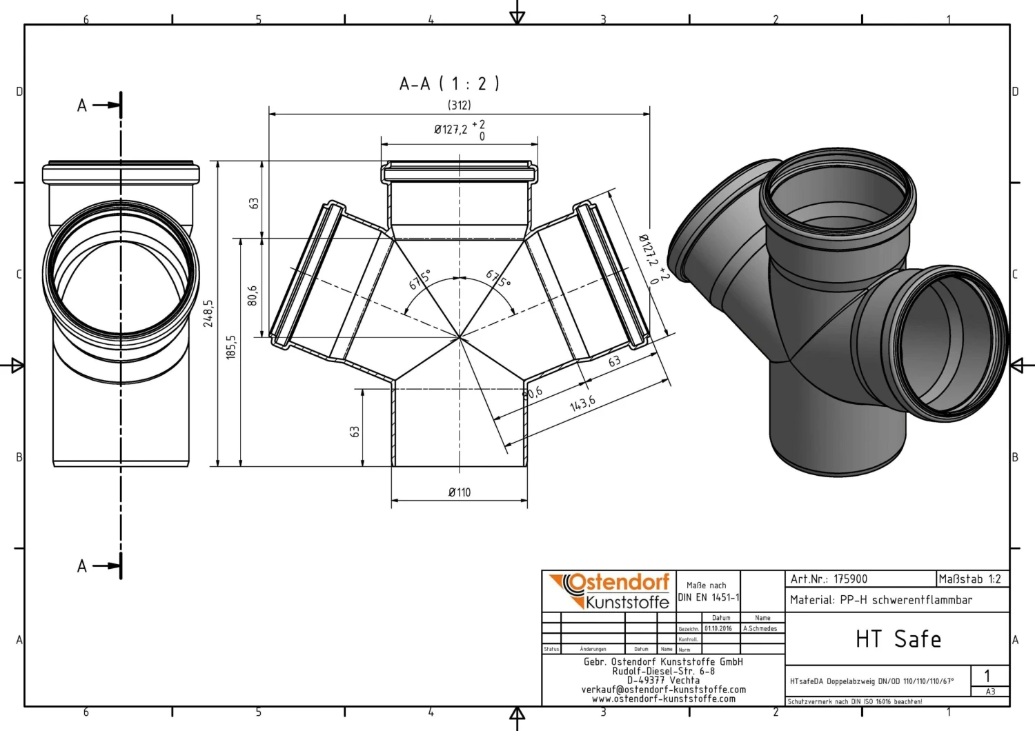 Ostendorf HTsafe HTsafe-Doppelabzweig 175900 DN/OD 110x110x110, 67° 4 Ostendorf HTsafe HTsafe-Doppelabzweig 175900 DN/OD 110x110x110, 67° – Bild 2