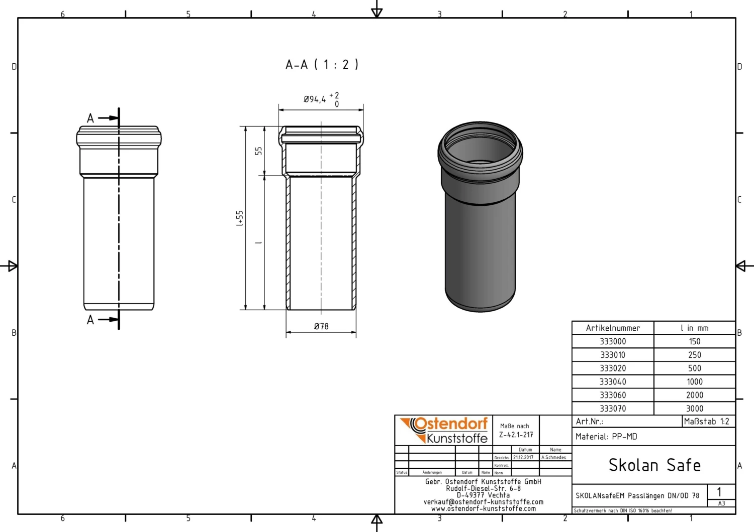 Ostendorf SKOLAN Safe SKOLANsafe-Rohr 333020 DN/OD 78, 500 Mm, Mit Muffe 4 Ostendorf SKOLAN Safe SKOLANsafe-Rohr 333020 DN/OD 78, 500 Mm, Mit Muffe – Bild 2