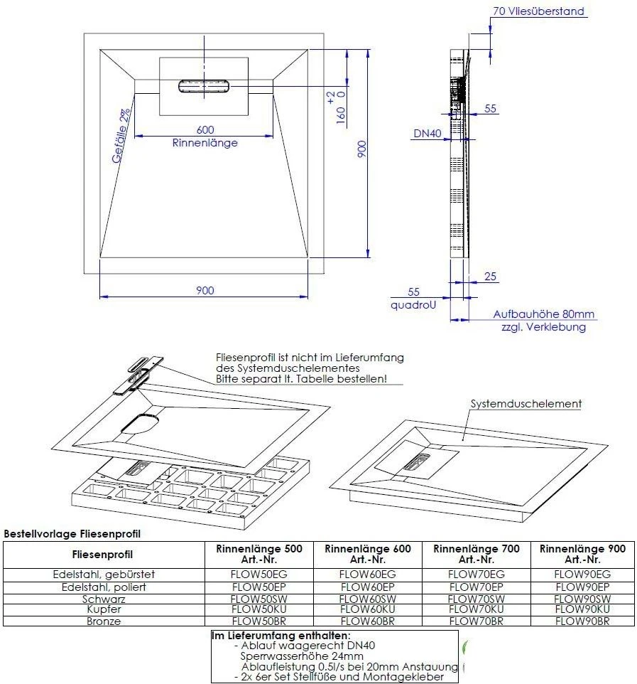 Schedel Line Flow Duschelement LI1KF609090 90 X 90 Cm, Vierseitiges Gefälle 4 Schedel Line Flow Duschelement LI1KF609090 90 X 90 Cm, Vierseitiges Gefälle – Bild 2