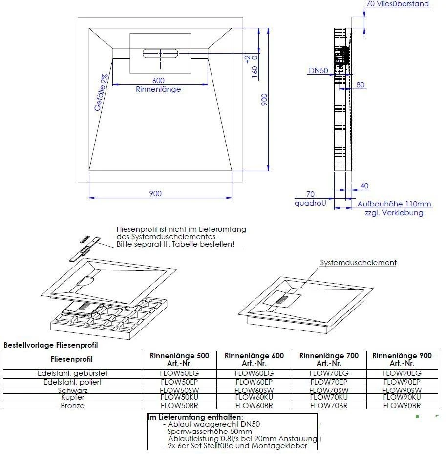 Schedel Line Flow Duschelement LI1KF909090 90 X 90 Cm, Vierseitiges Gefälle 4 Schedel Line Flow Duschelement LI1KF909090 90 X 90 Cm, Vierseitiges Gefälle – Bild 2