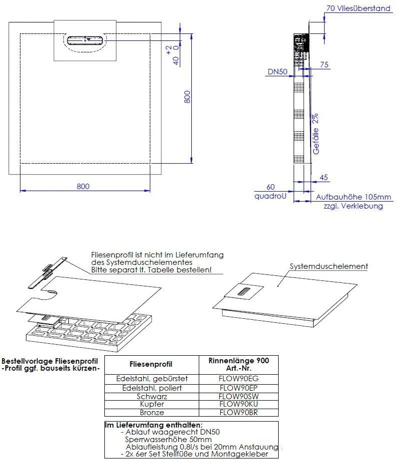 Schedel Line Flow Duschelement LI2KF908080 80 X 80 Cm, Einseitiges Gefälle 4 Schedel Line Flow Duschelement LI2KF908080 80 X 80 Cm, Einseitiges Gefälle – Bild 2