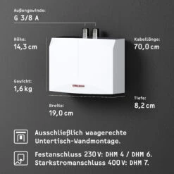 Stiebel Eltron Mini-Durchlauferhitzer 185473 DHM 6, 5,7 KW, Druckfest, 230 V, Weiss -Badezimmerbedarf Geschäft Stiebel Eltron Mini Durchlauferhitzer 185473 DHM 6 57 kW druckfest 230 V weiss 2