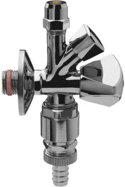 Universal Doppelspindel-Kombi-Eckventil 421863 1/2"x10mmx3/4", Messing Verchromt, Mit Rohrbelüfter/Rückflussverhinderer, Selbstdichtend